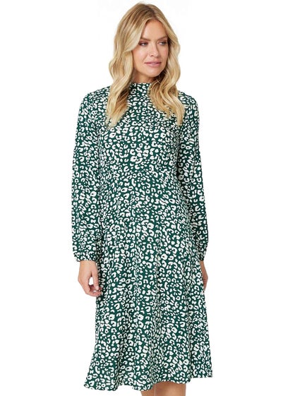 Izabel London Green Leopard Print High Neck Tea Dress