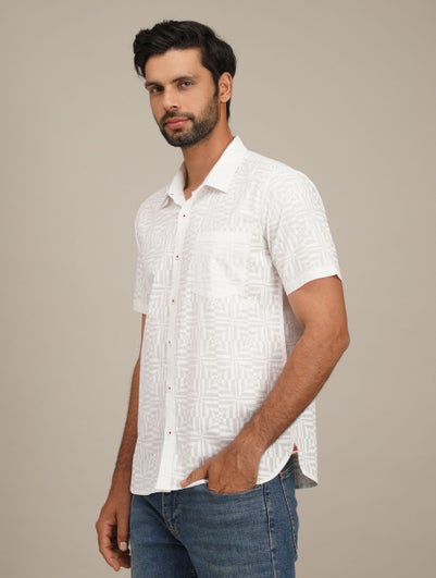 Men White Cotton Printed Shirt Collar Regular Fit Shirt