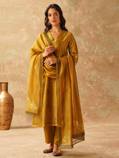 Women Mustard Yellow Cotton Silk Block Print V Neck Straight Kurta , Pant & Dupatta