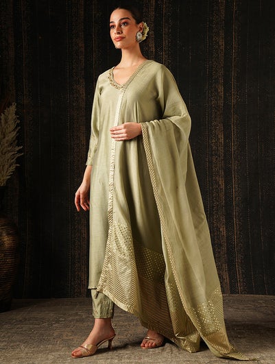 Women Green Embroidered V Neck A Line Kurta, Pant & Dupatta