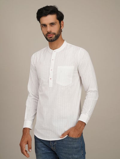 Men White Cotton Block Print Mandarin Collar Regular Fit Kurta - 38