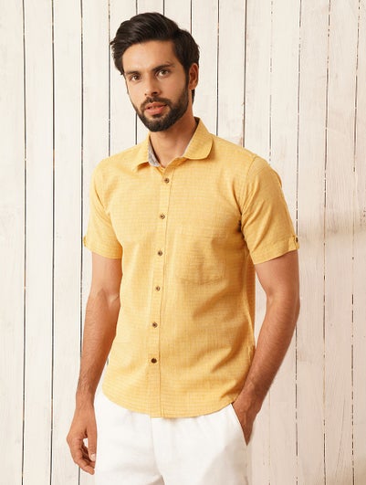 Men Mustard Yellow Cotton Self Design Shirt Collar Regular Fit Shirt - 38