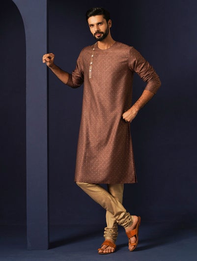 Men Brown Silk Viscose Block Print Round Neck Regular Fit Kurta - 38