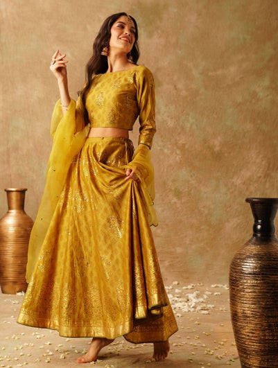 Women Mustard Yellow Block Print Lehenga Choli - XS