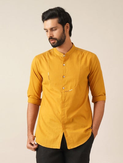 Men Mustard Yellow Cotton Embroidered Mandarin Collar Regular Fit Shirt - 44