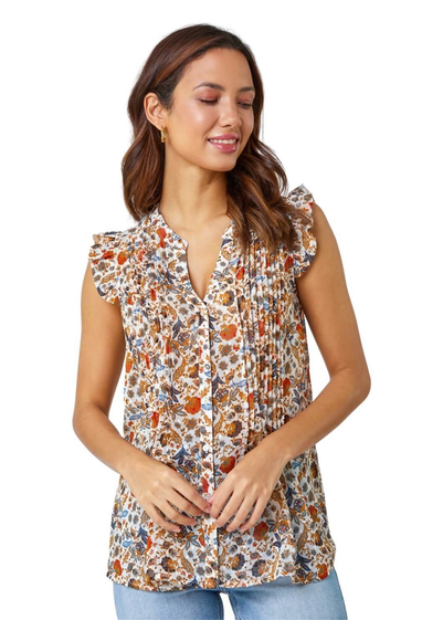 Roman Orange Floral Print Pintuck Detail Chiffon Top