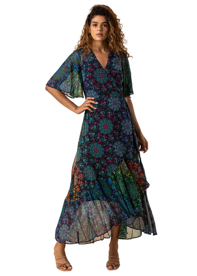 Roman Multi Abstract Print Maxi Wrap Dress