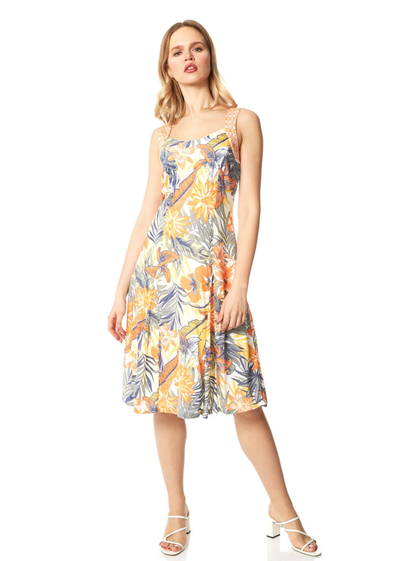 Roman Orange Tropical Print Fit and Flare Skater Dress