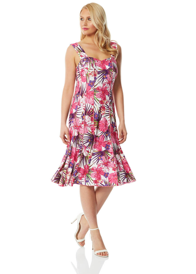 Roman Pink Tropical Floral Panel Dress - Size 12