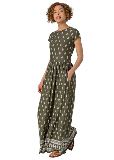 Roman Khaki Paisley Border Print Maxi Dress - Size 20