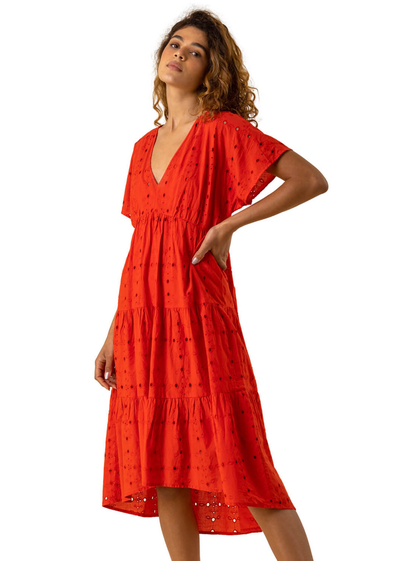 Roman Red Broderie Tiered Smock Skater Dress