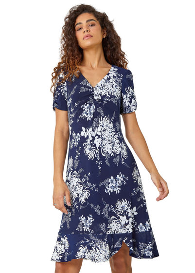 Roman Navy Floral Print Frill Hem Dress