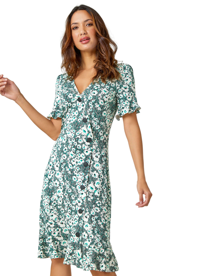 Roman Green  Floral Print Button Detail Tea Dress