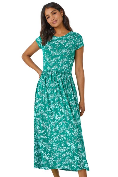 Roman Green Ditsy Gathered Skirt Stretch Midi Dress