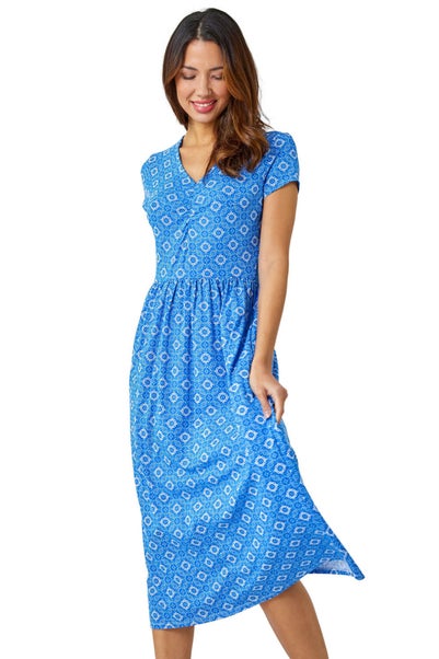 Roman Royal Blue Tile Print Midi Stretch Dress