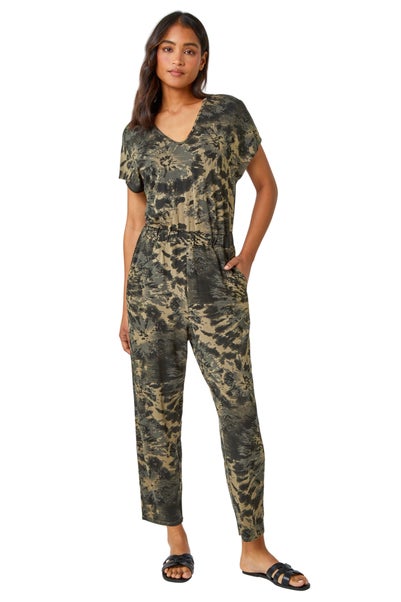 Roman Khaki Tie Dye Pocket Stretch Jumpsuit