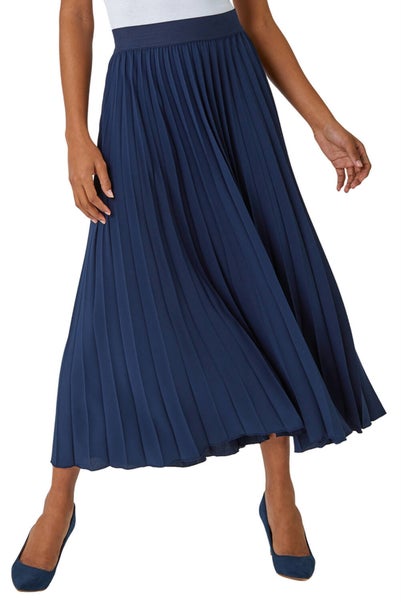 Roman Navy Pleated Elastic Waist Maxi Stretch Skirt