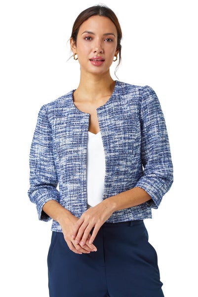 Roman Blue Collarless Cropped Boucle Jacket