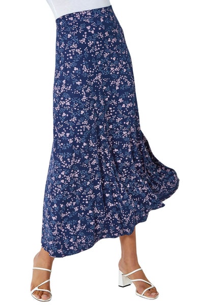 Roman Navy Floral Print Elastic Waist Midi Stretch Skirt