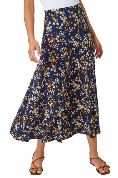 Roman Navy Ditsy Floral Print Elastic Waist Midi Skirt