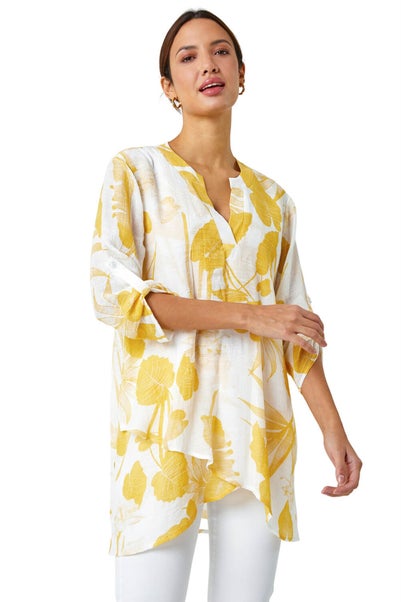 Roman Yellow Palm Print V-Neck Wrap Hem Tunic Top