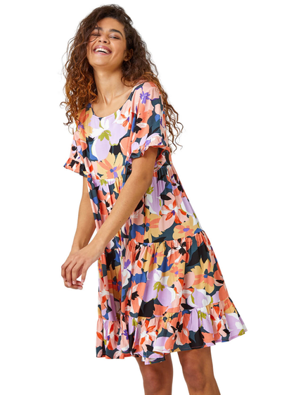 Roman Coral Floral Print Frill Hem Dress