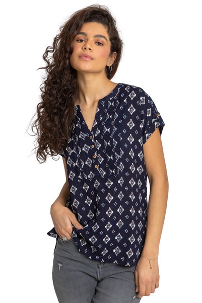 Roman Navy Aztec Print Button V-Neck Detail Top