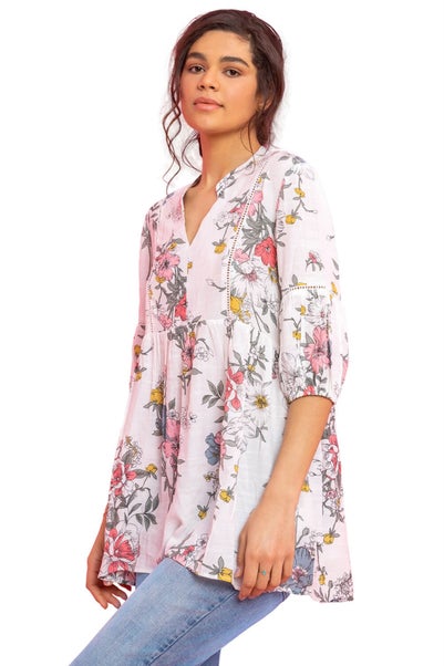 Roman White Floral Print Notch Neck Tunic Top