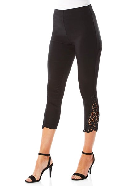 Roman Black Lace Insert Elastic Waist Crop Trousers