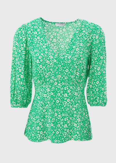 Green Floral V Neck Empire Seam Top