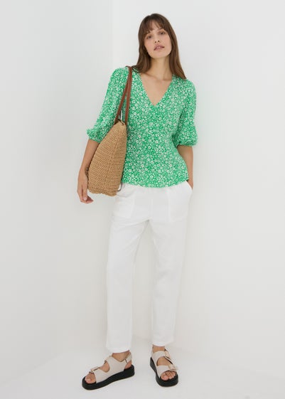 Green Floral V Neck Empire Seam Top