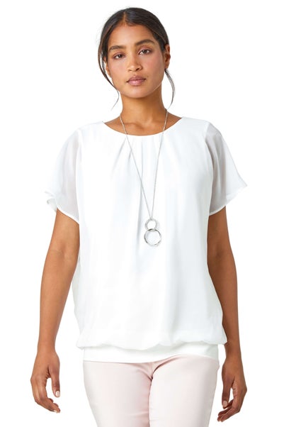 Roman Ivory Chiffon Jersey Chiffon Blouson Top with Necklace