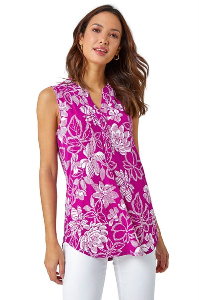 Roman Magenta Textured Floral Print Sleeveless Top