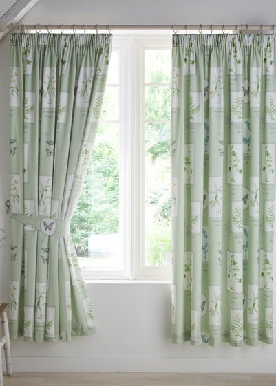 Dreams & Drapes Design Floral Garden Green Pencil Pleat Curtains With Tie-Backs