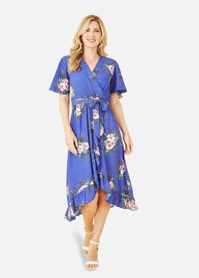 Mela Dark Blue Floral Dip Hem Wrap Midi Dress