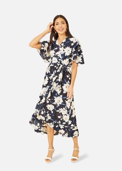 Mela Navy Floral Dip Hem Wrap Midi Dress