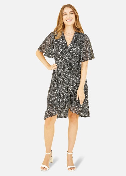 Mela Black Spot Frill Wrap Dress