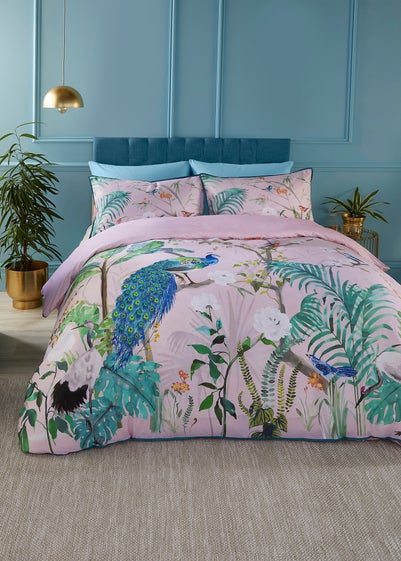 Soiree Peacock Jungle Sateen Pink Duvet Cover Set - Double