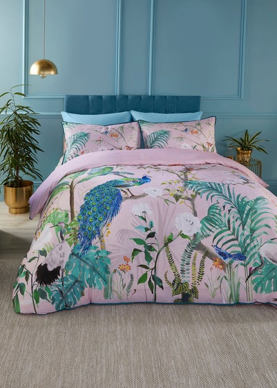 Soiree Peacock Jungle Sateen Pink Duvet Cover Set