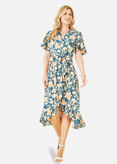 Mela Teal Floral Print Wrap Midi Dress