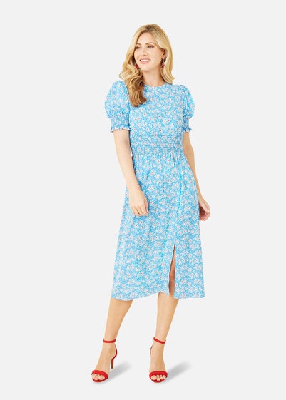 Mela Blue Floral Print Shirred Waist Midi Dress