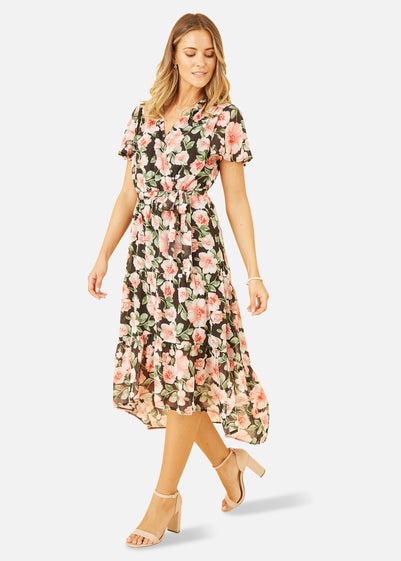 Mela Black Floral Wrap Dress With Tiered Dipped Hem