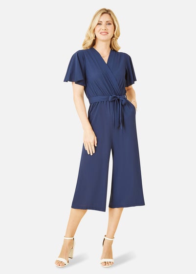 Mela Navy Wrap Over Jumpsuit With Angel Sleeves