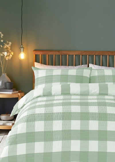 Fusion Seersucker Gingham Brushed Cotton Green Duvet Cover Set