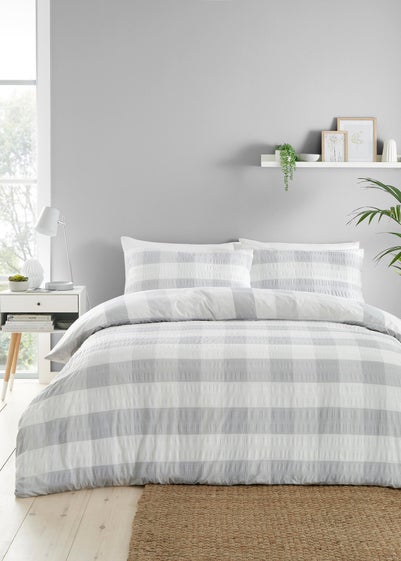 Fusion Seersucker Gingham Brushed Cotton Silver Duvet Cover Set