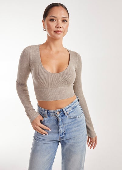 Pink Vanilla Stone Washed Rib Long Sleeve Top