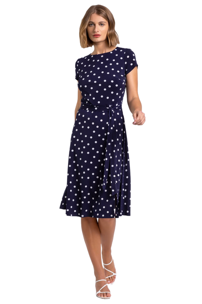 Roman Navy Spot Print Jersey Stretch Dress - Size 10