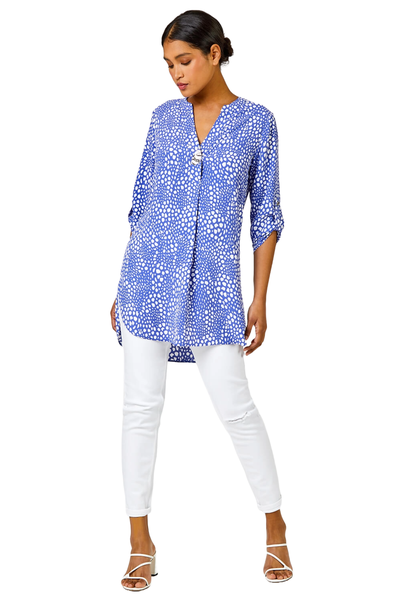 Roman Blue Longline Button Detail Abstract Spot Print Top