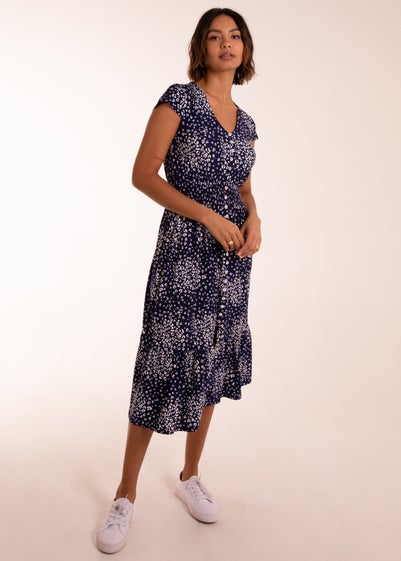 Blue Vanilla Navy Button Through Shirred Waist Midi Dress