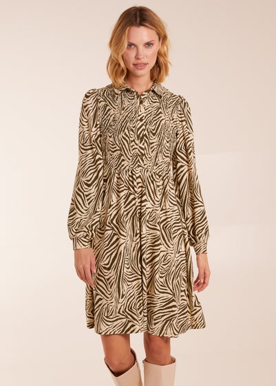 Blue Vanilla Khaki Zebra Shirred Long Sleeve Mini Shirt Dress